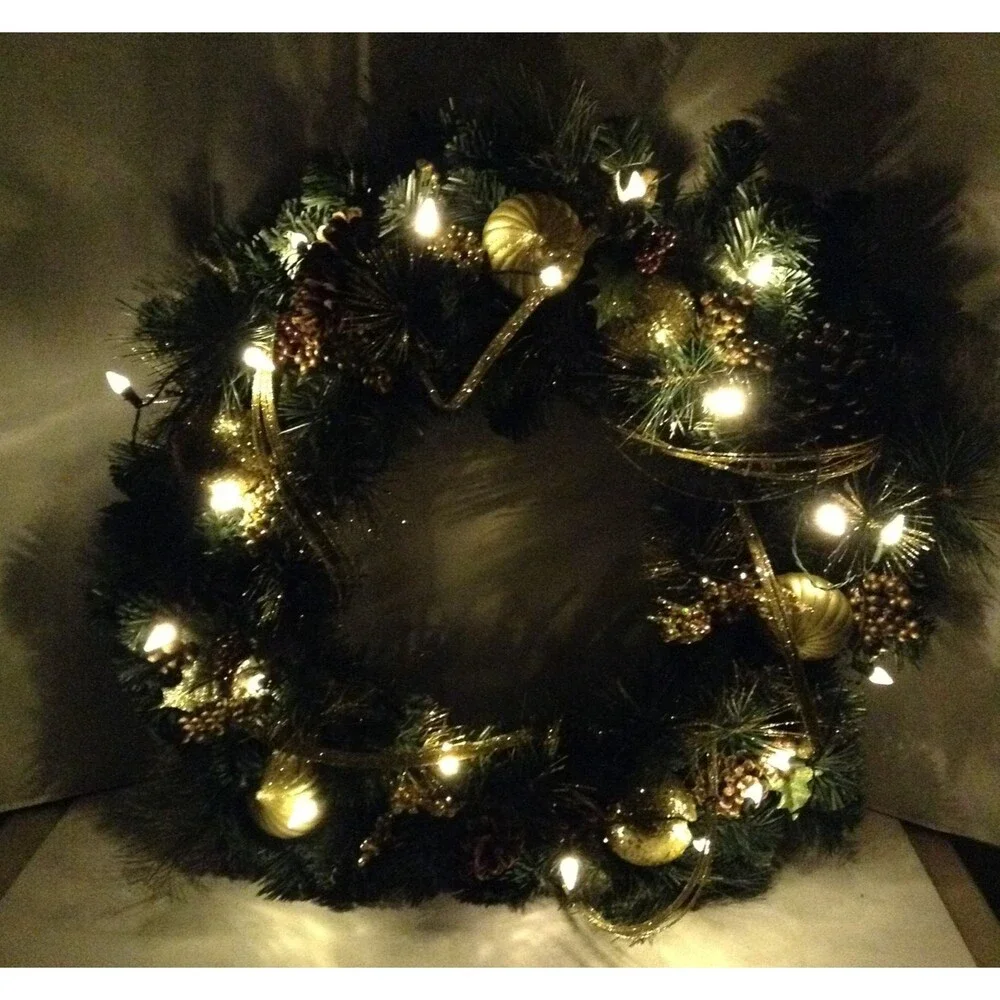 Christmas Wreath PreLit Green/Gold Pine Cones Balls Glamour Front Door Wall 23